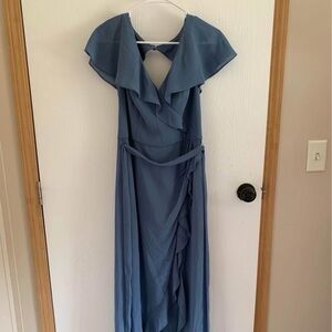 David's Bridal Blue Midi Dress with Ruffles